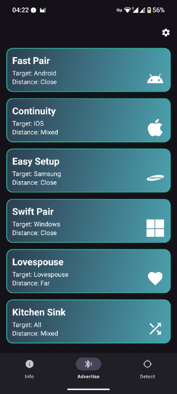 Bluetooth LE Spam - хулиганское приложение для Android, которое притворяется различными устройствами с поддержкой Bluetooth Low Energy и генерирует непрерывный поток всплывающих сообщений на устройствах поблизости, соединяясь и общаясь с ними. DoS-атакой это назвать трудно, но некоторые устройства могут крашнуться от такого спама#Android #хакингBluetooth LE Spam - хулиганское приложение для Android, которое притворяется различными устройствами с поддержкой Bluetooth Low Energy и генерирует непрерывный поток всплывающих сообщений на устройствах поблизости, соединяясь и общаясь с ними. DoS-атакой это назвать трудно, но некоторые устройства могут крашнуться от такого спама#Android #хакинг